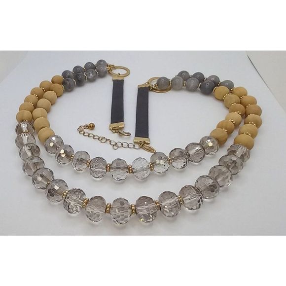 Natasha Necklace Faceted Glass Beads Quartz Like and Wood Beads Gold Tone - Picture 4 of 4